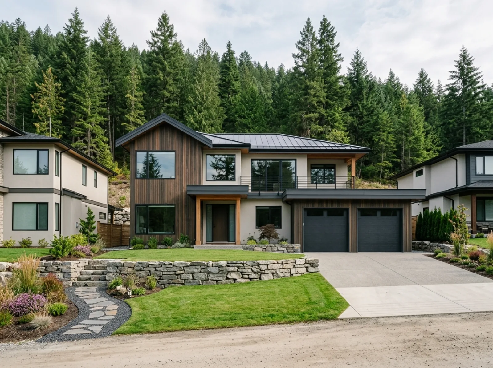 A new two-storey detached house with a double garage on a hillside lot