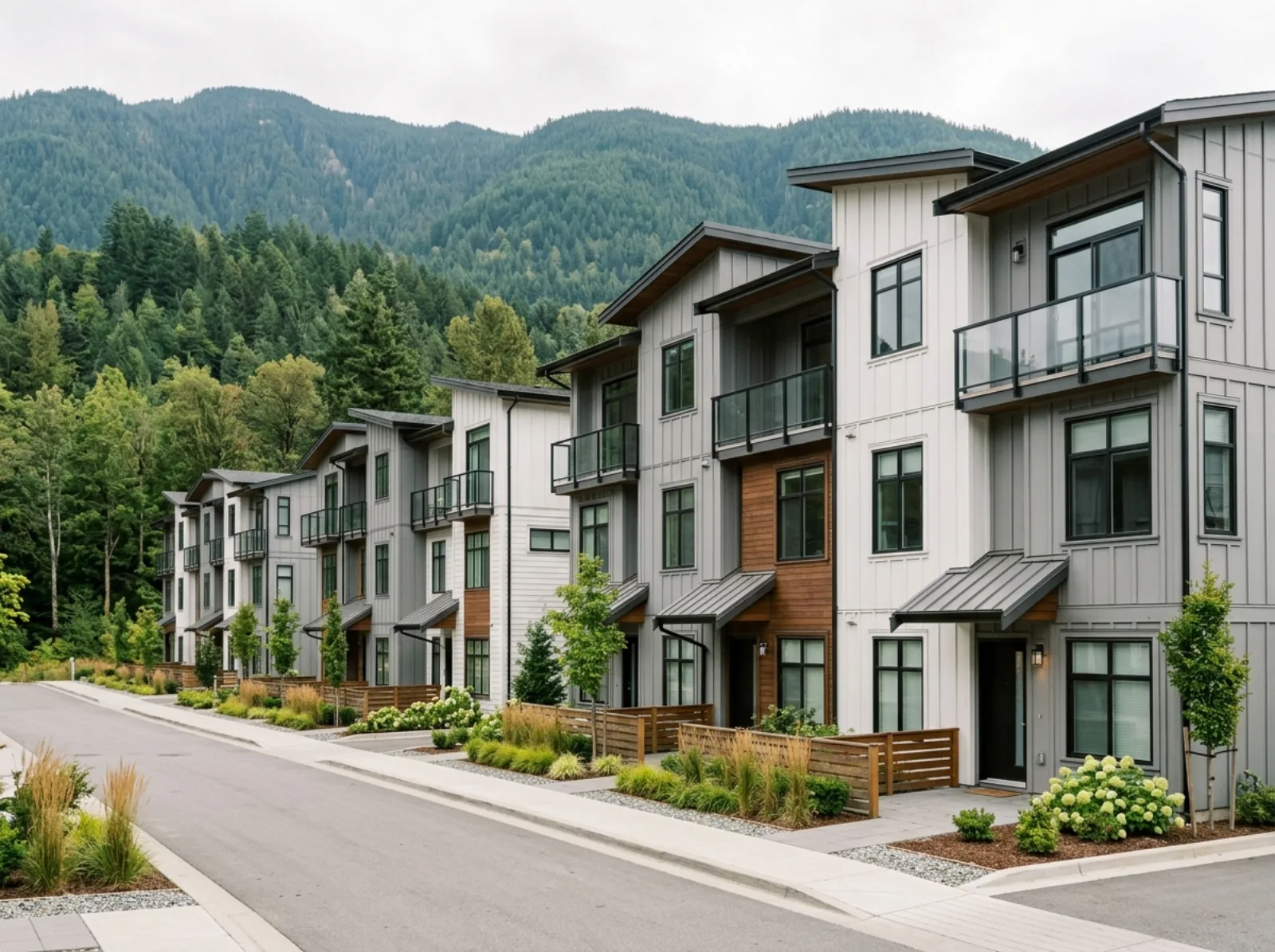 A row of new three-storey townhomes with small front gardens on a sloping street