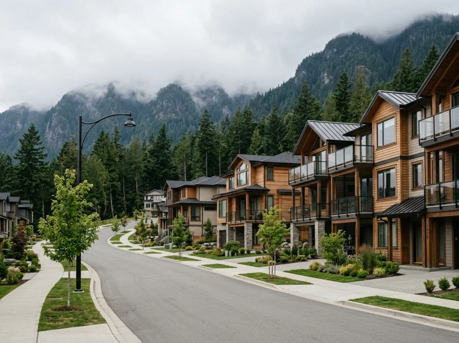 New houses and townhomes on a hillside street, with forested mountain slopes behind