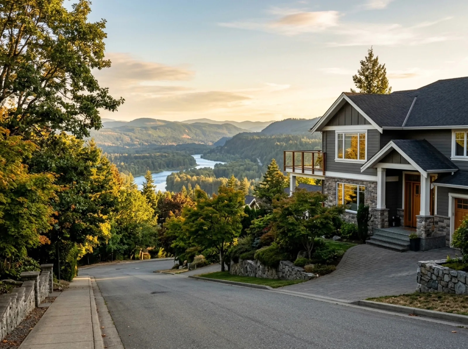 A two-storey family house on a sloping street with a view over trees toward a river valley