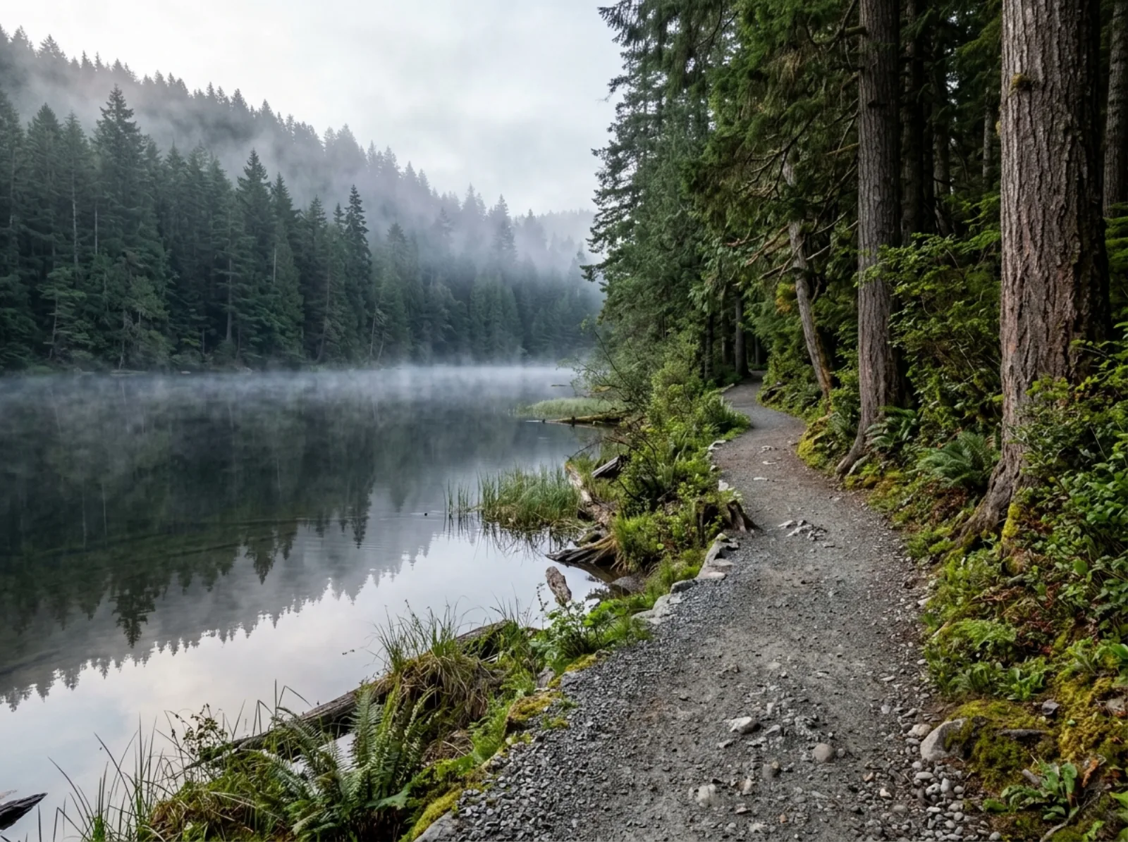 A walking trail beside a small lake surrounded by tall evergreen forest
