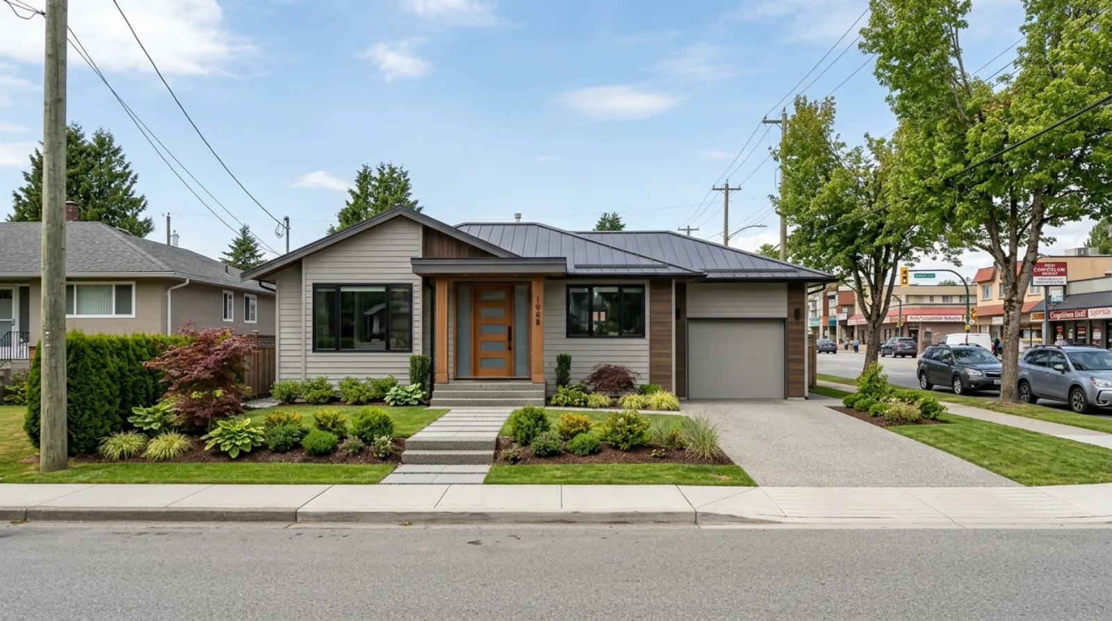 A renovated 1960s bungalow on a Central Port Coquitlam street with updated windows and a concrete driveway, one block from Shaughnessy