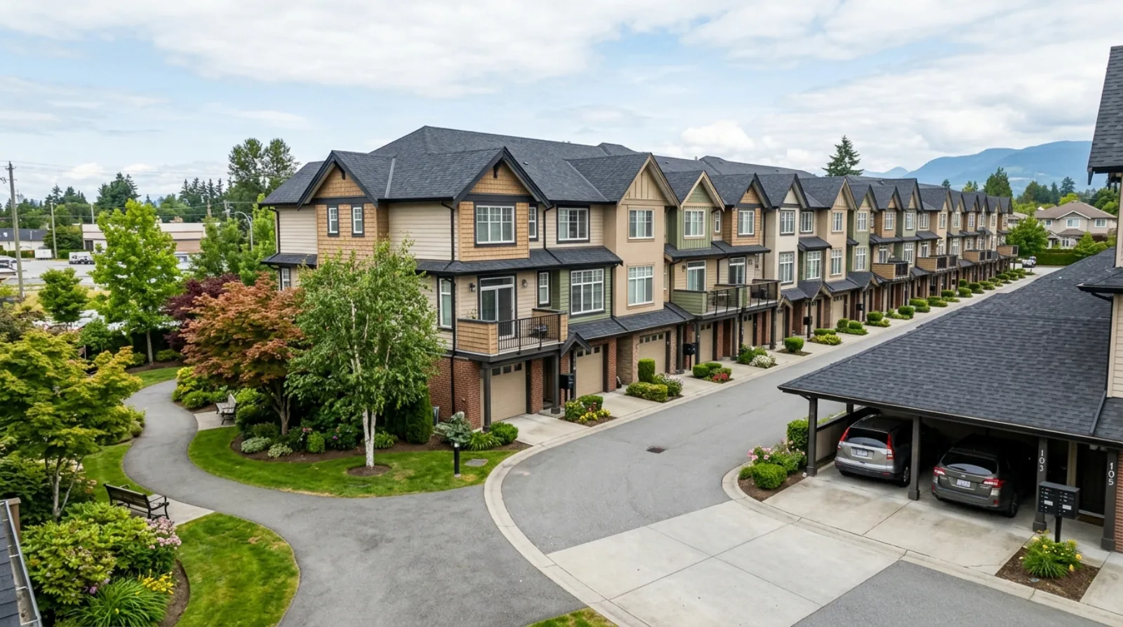A row of 2000s three-storey townhomes in Central Port Coquitlam with covered parking and a landscaped courtyard, near Shaughnessy Street