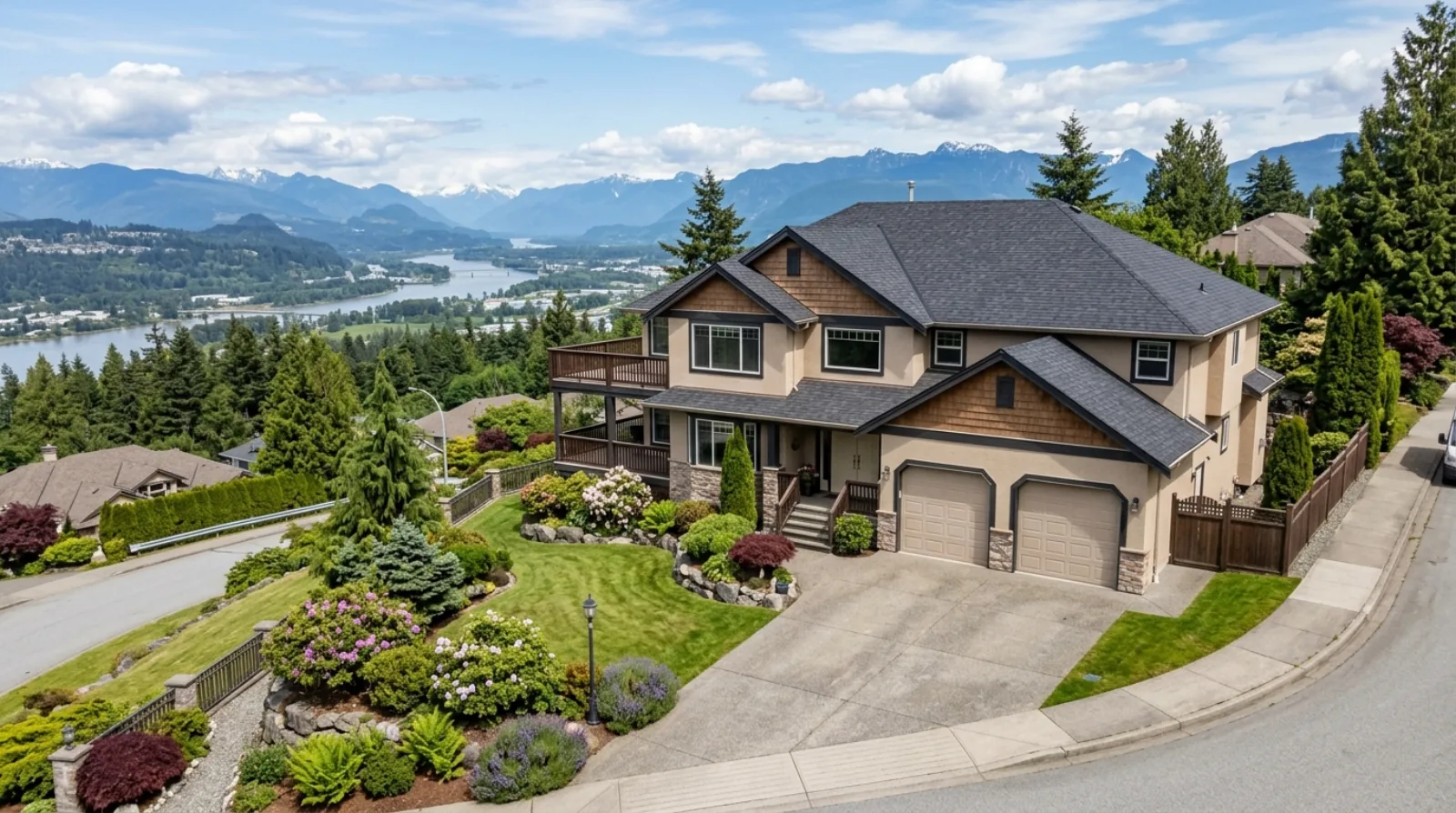A large two-storey house on a hillside lot in Citadel Port Coquitlam with a landscaped garden and a view toward the Fraser River valley