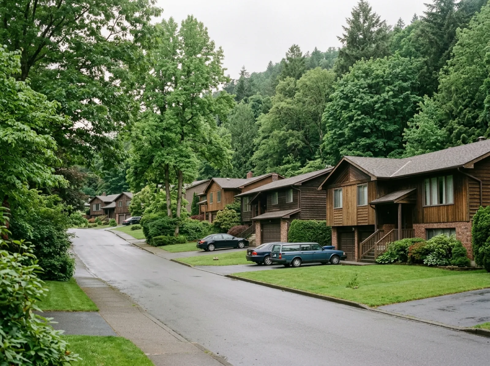 A quiet residential street of split-level houses with mature trees and a wooded hillside behind