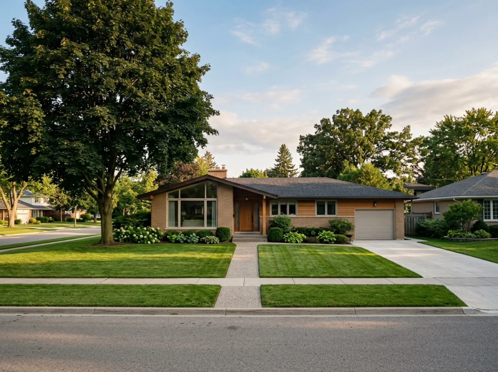 A mid-century detached house with a large front lawn and mature trees