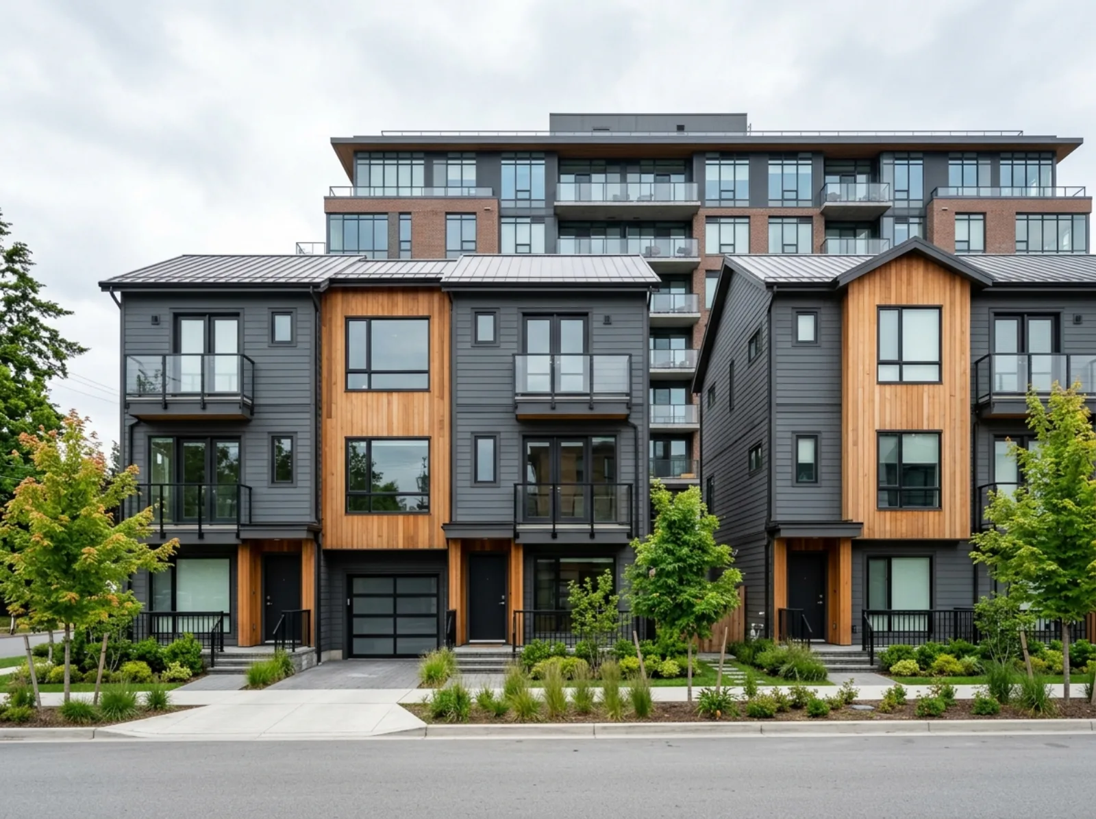 New townhomes along a residential street with a mid-rise building behind them