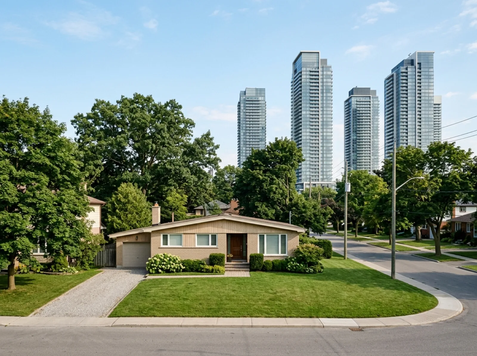 An older detached house on a wide lot, with new residential towers rising a few blocks away
