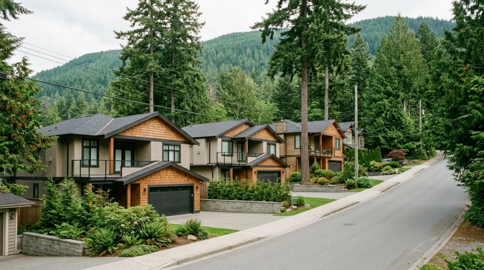Two-storey houses with cedar accents stepping down a sloping street below a forested hillside