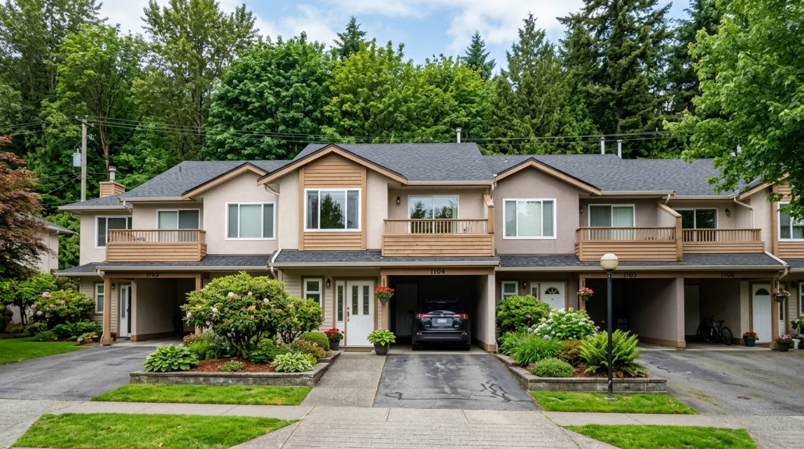 A row of two-storey townhomes in Glenwood Port Coquitlam with small front gardens and carport parking