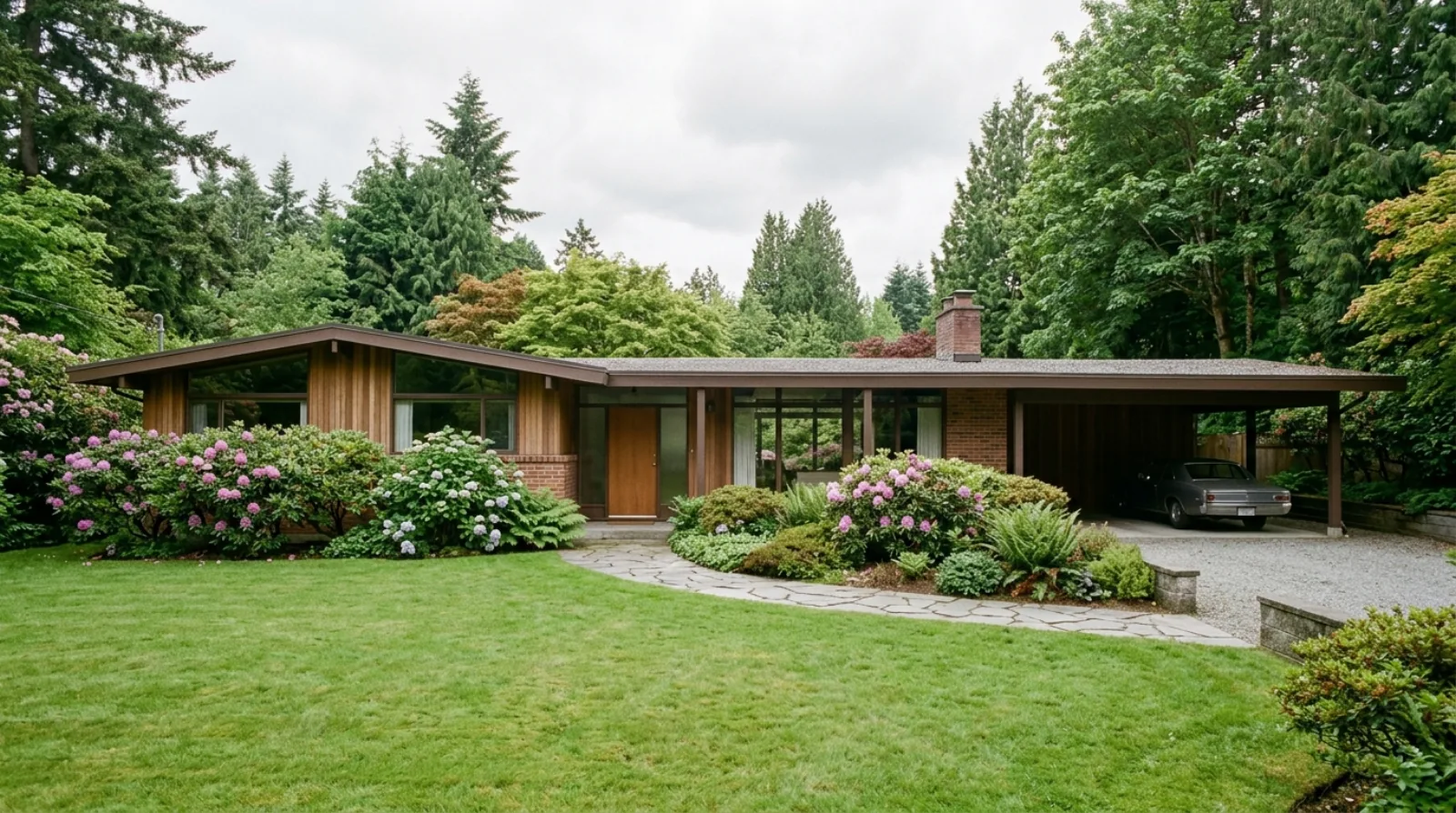 A mid-century house with a wide frontage set back on a deep, tree-lined lot