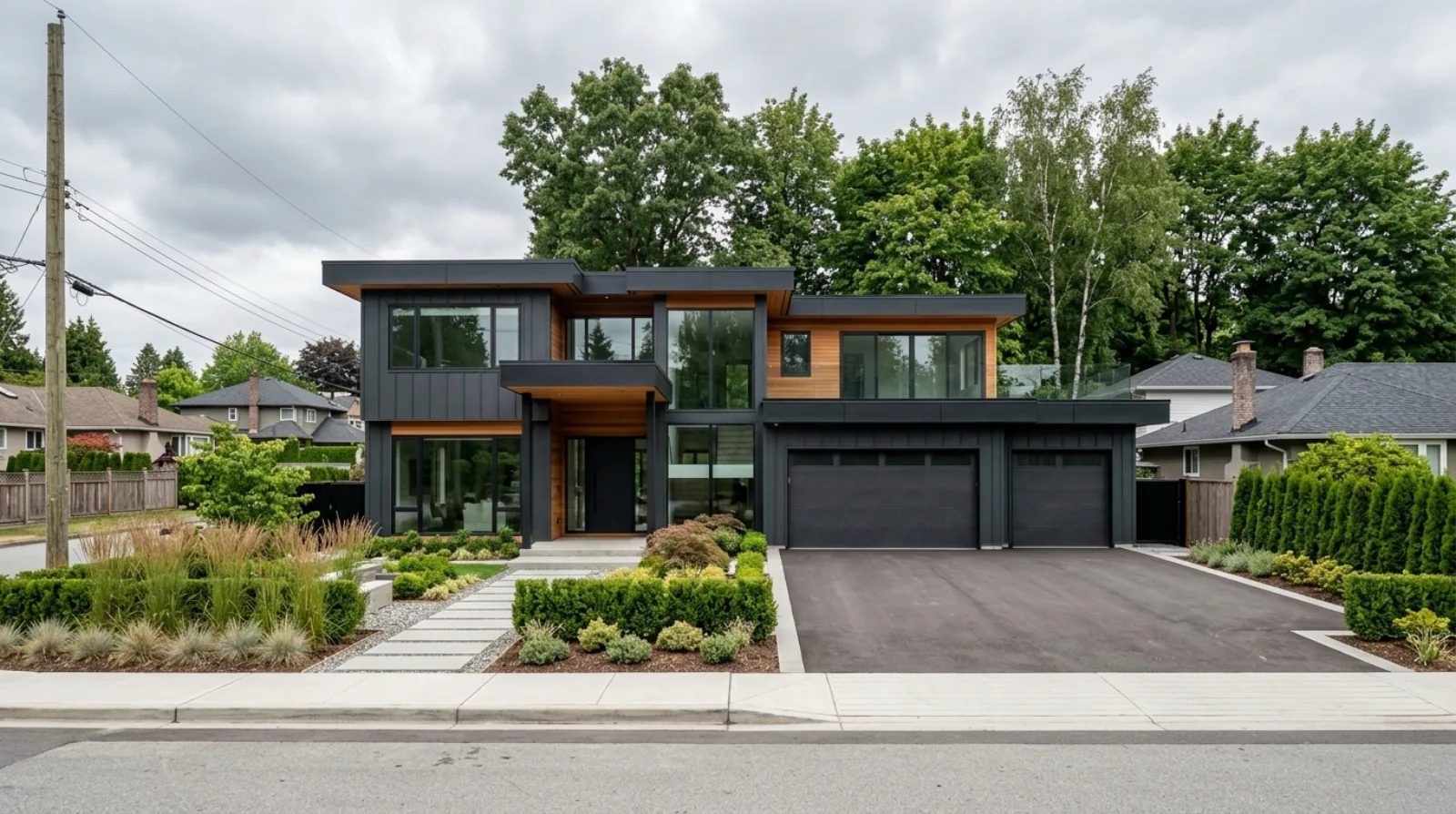 A large newly built contemporary house with dark cladding and a wide driveway on a suburban street