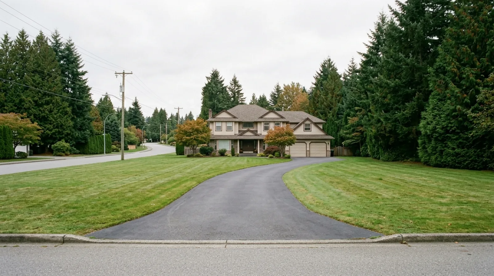 A large house set well back from the road behind mature trees on a deep lot