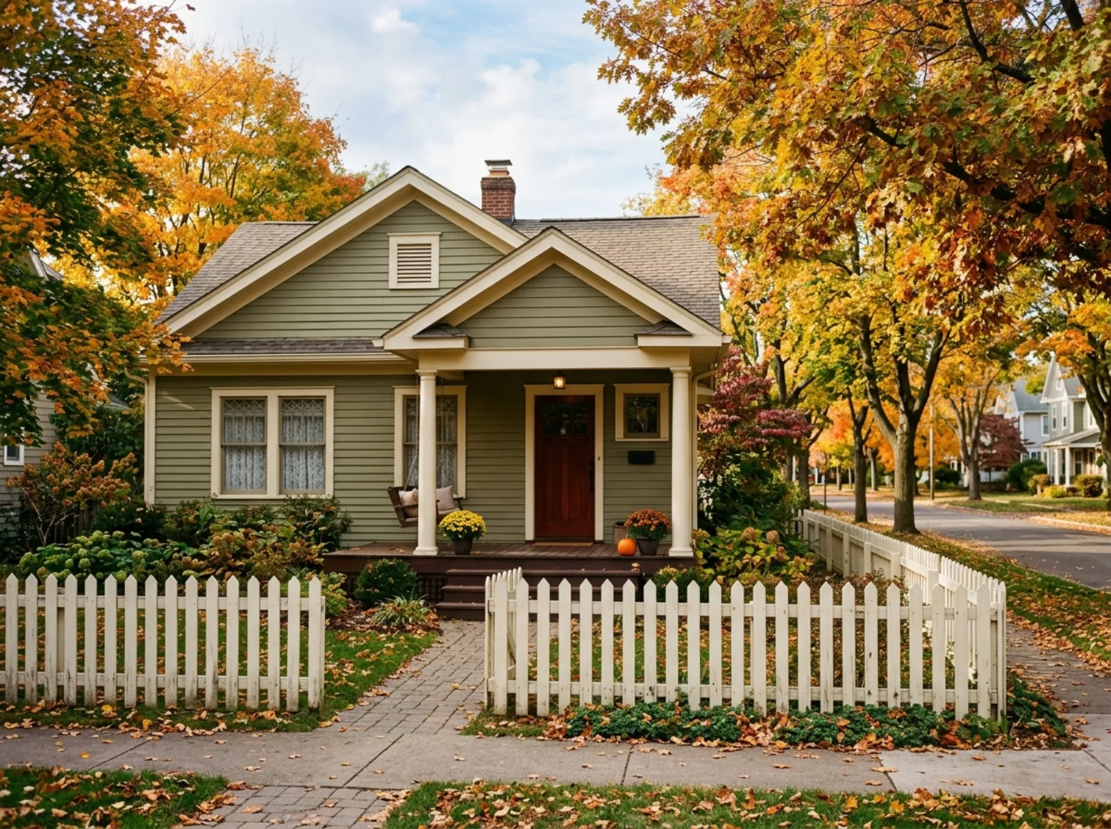 A small older house with a covered front porch on a quiet tree-lined street