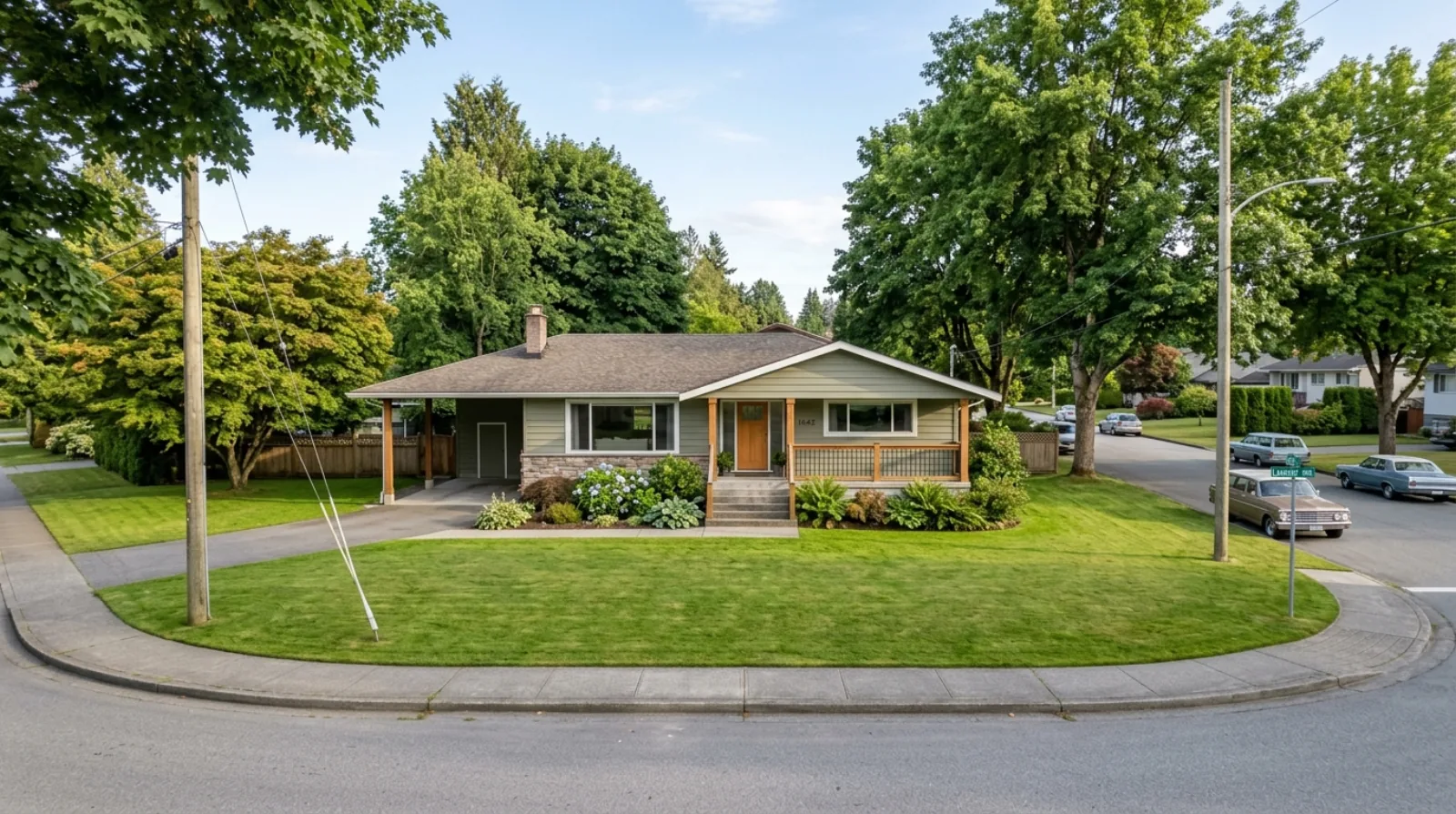 A mid-century bungalow on a generous corner lot in Mary Hill Port Coquitlam with a mature tree, a double driveway and a covered porch