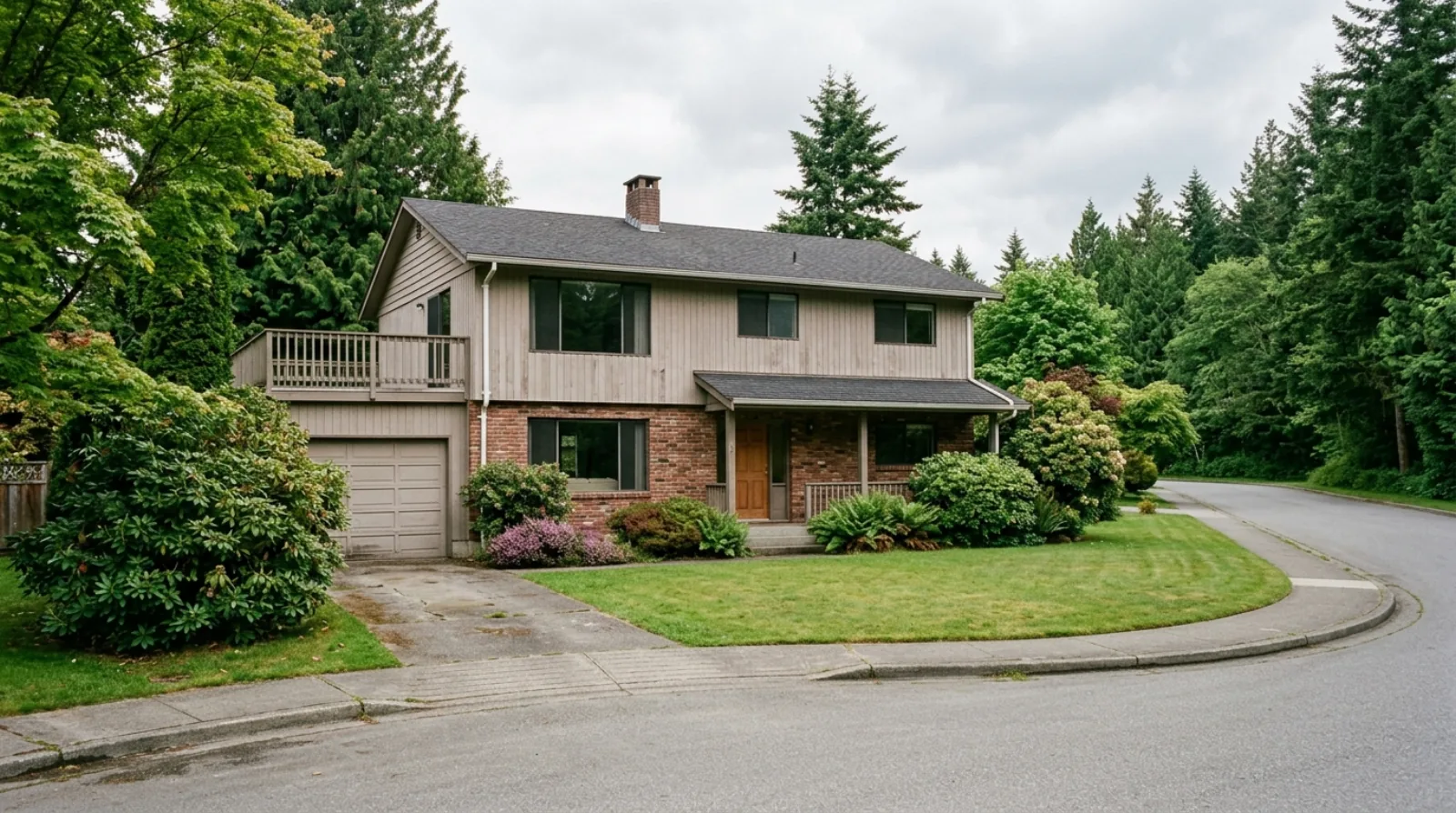 A 1970s two-storey house on a quiet cul-de-sac with a lawn and mature shrubs