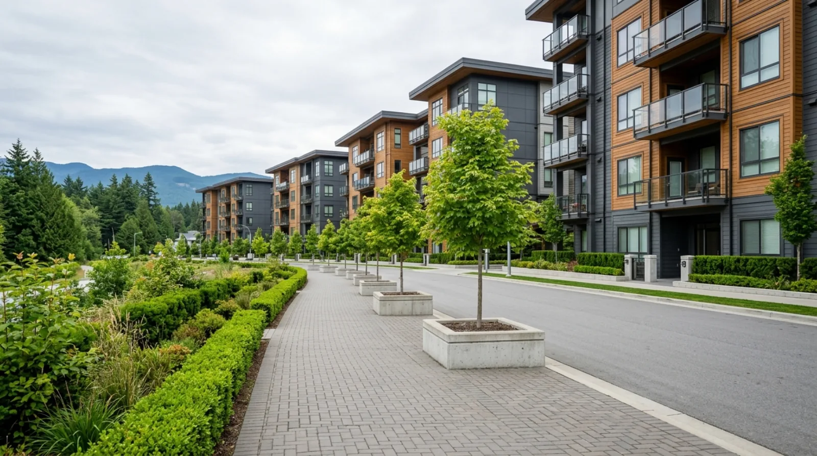 A row of newer mid-rise apartment buildings along a landscaped street with young trees