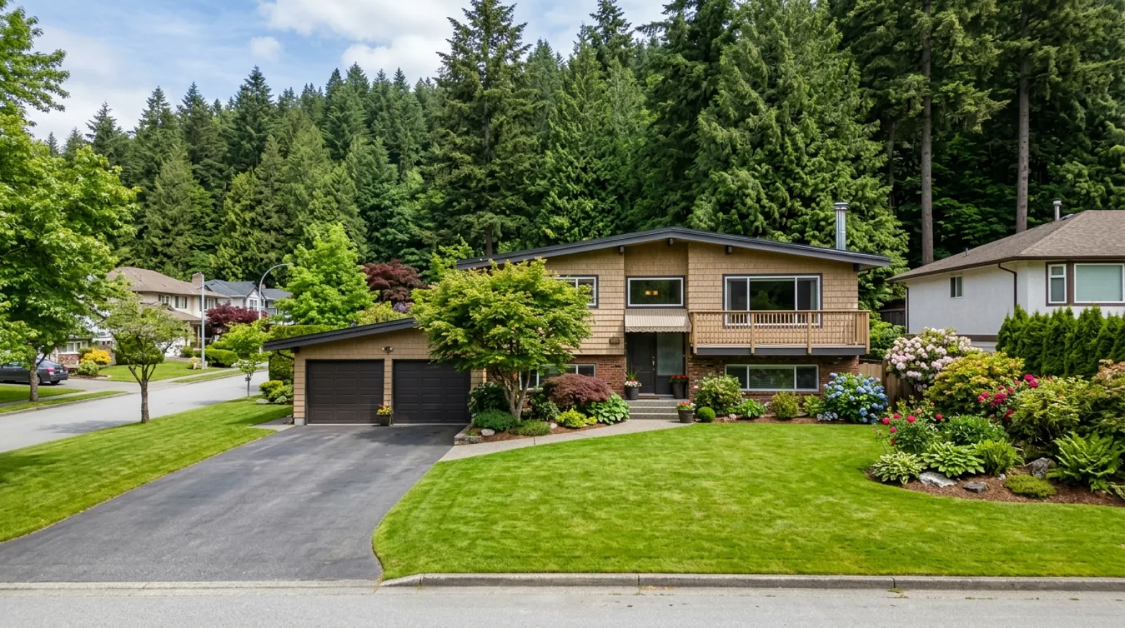 A 1970s split-level house on a wide Oxford Heights lot in Port Coquitlam, with a mature garden and a forested hill visible behind
