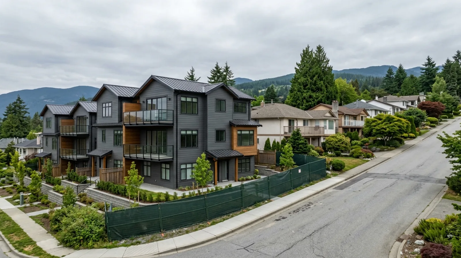 New townhomes under construction on a sloping street with older houses behind them