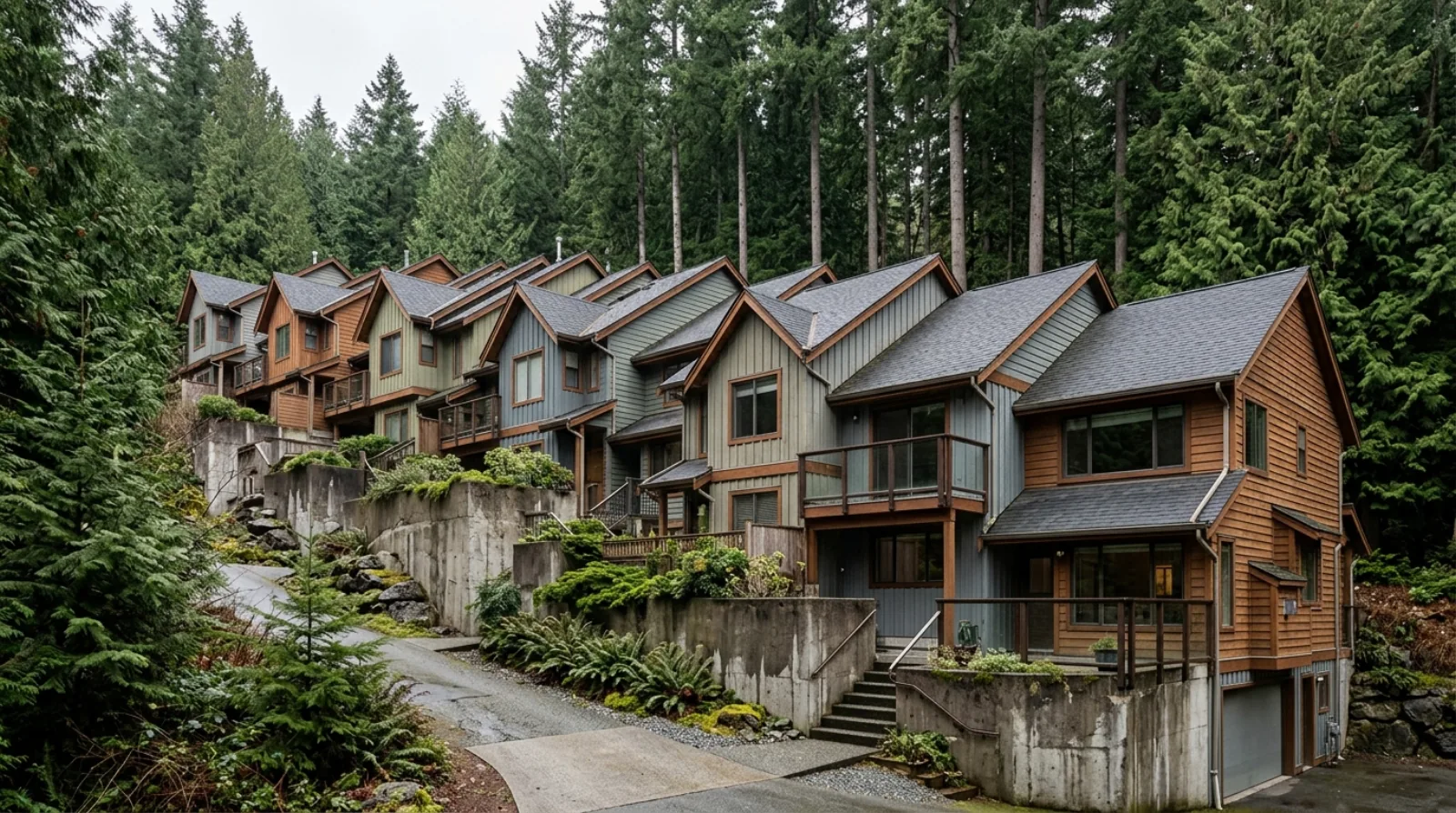 Townhomes on a steep hillside street with tall conifers rising behind them