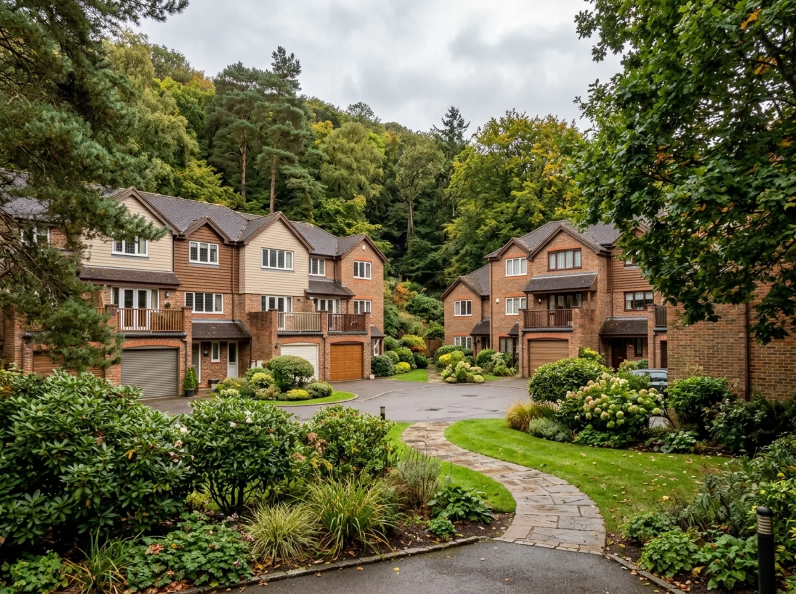 Two-storey townhomes with garages around a landscaped courtyard on a hillside